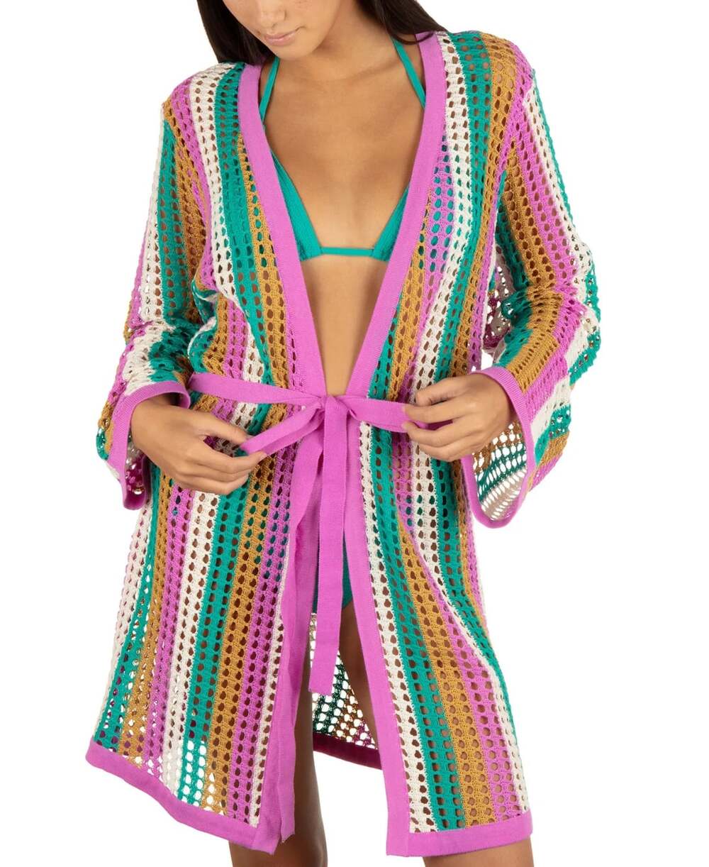 NEW Hurley Women's M/L Striped Crochet Robe Beachwear Cover-Up • Reg Price $80